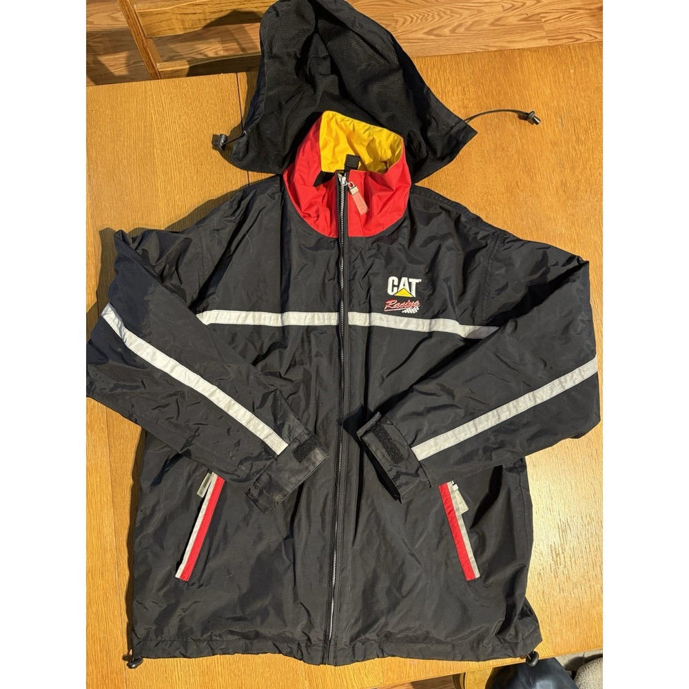 Vintage CAT‎ Racing Jacket Men's Black Hooded Nylon Mesh Lined Full Zip Snap